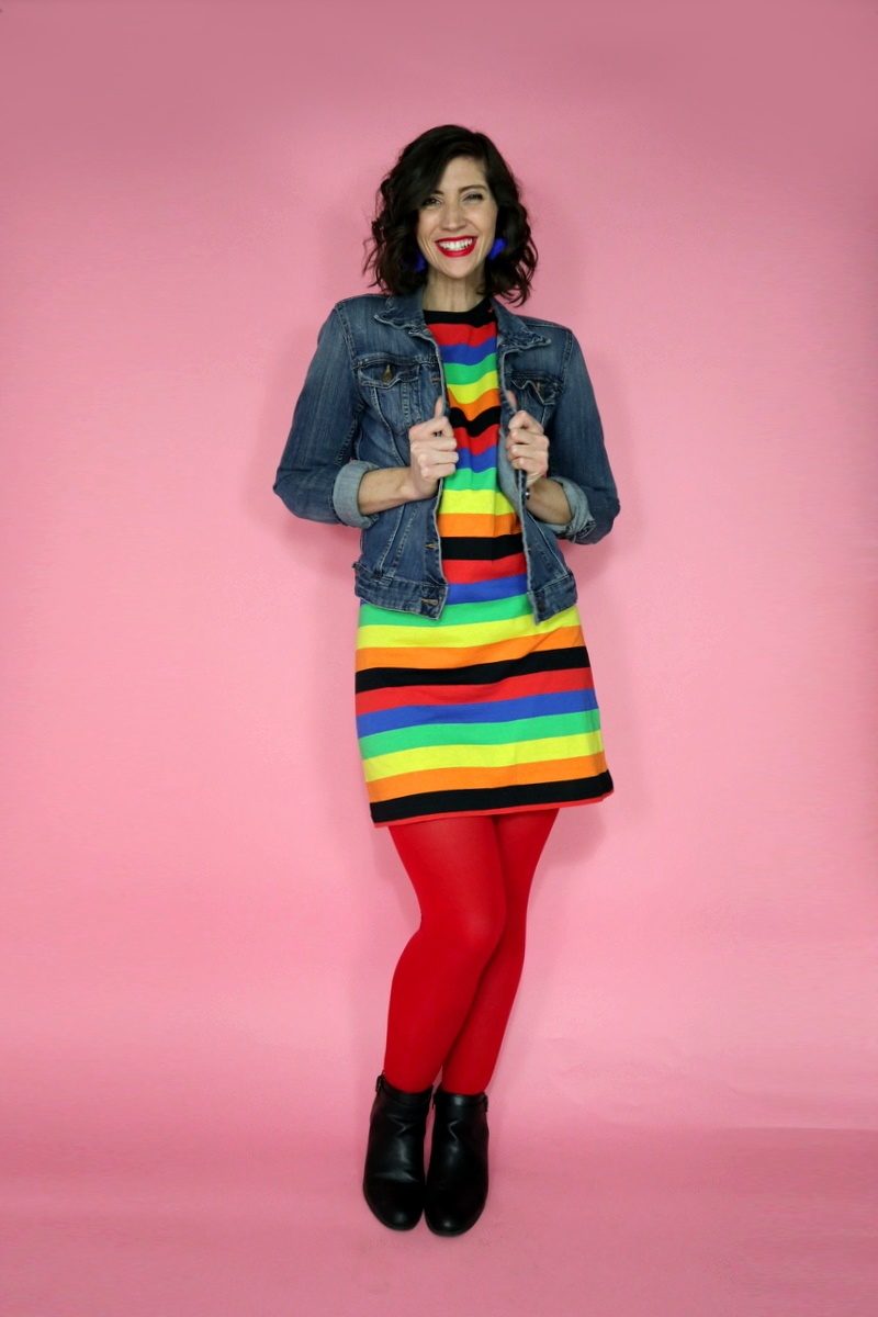 rainbow color outfit asos tshirt dress denim jacket red tights hannah rupp