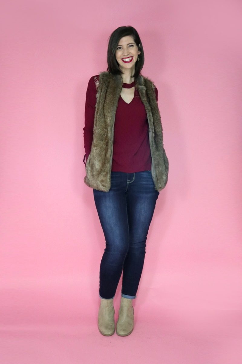 3 Faux Fur Vest Outfit Ideas hannah rupp winter maurices