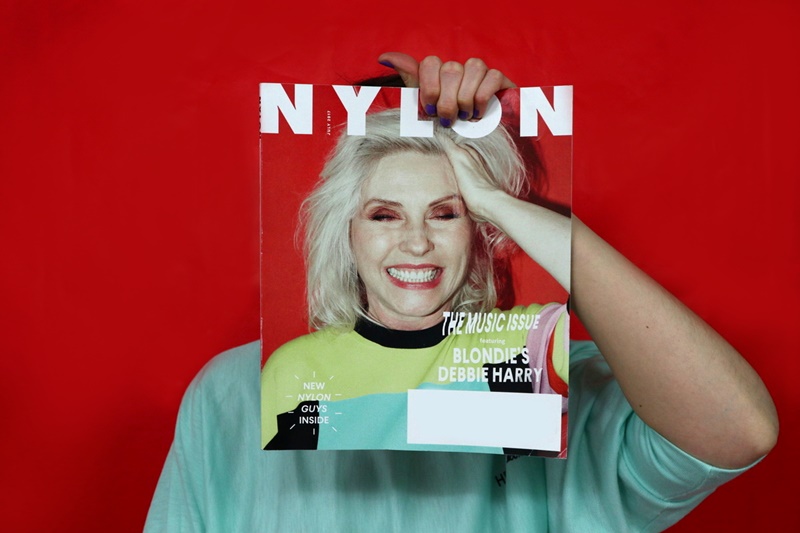 red background, nylon magazine cover with blondie's debbie harry, hannah rupp the outfit repeater