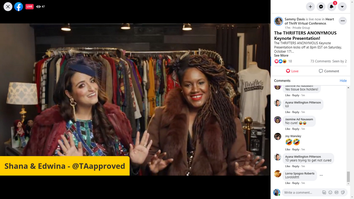 Everything You Missed At The First Heart of Thrift Conference | theoutfitrepeater.com screenshot of shana and edwina of thrifters anonymous at Heart of Thrift Conference 2020