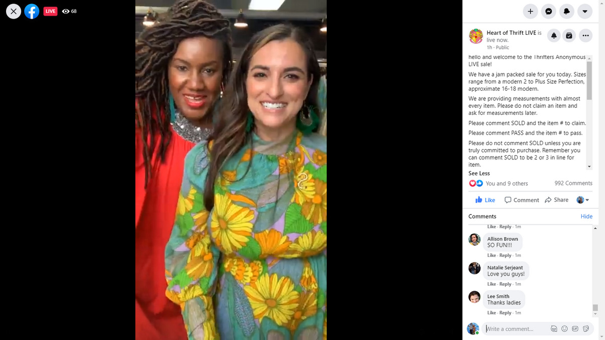 Everything You Missed At The First Heart of Thrift Conference | theoutfitrepeater.com a screenshot of a live video featuring edwina and shana of thrifters anonymous selling their closet at Heart of Thrift Conference 2020
