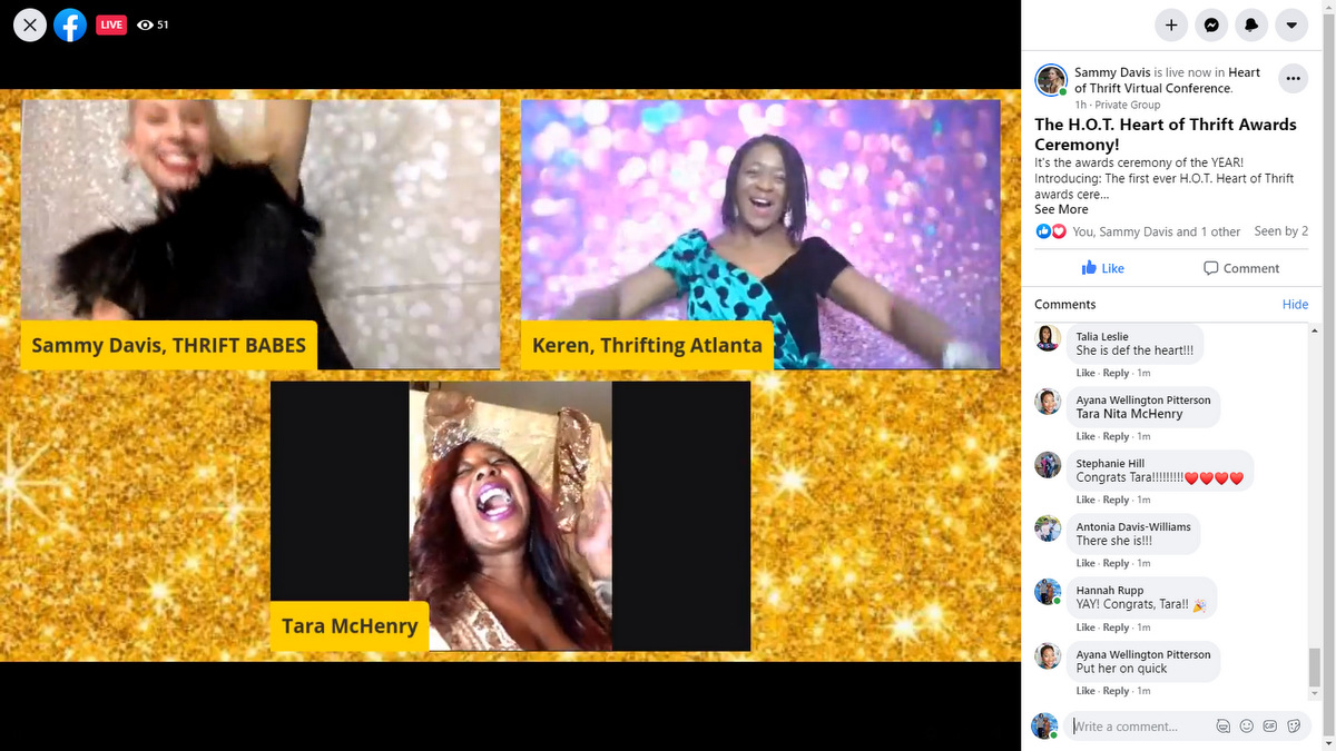 Everything You Missed At The First Heart of Thrift Conference | theoutfitrepeater.com a screenshot of a live video where a nominee won an award at the Heart of Thrift Conference 2020