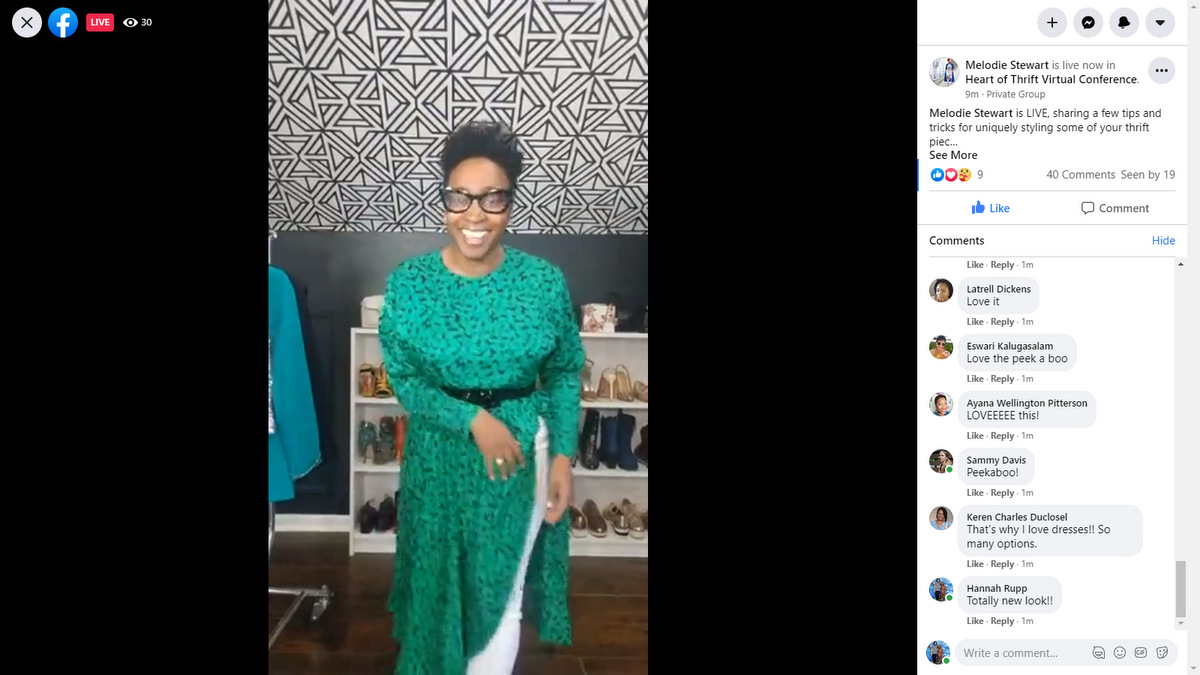 Everything You Missed At The First Heart of Thrift Conference | theoutfitrepeater.com stylist melodie stewart smiles on camera during a live video at Heart of Thrift Conference 2020