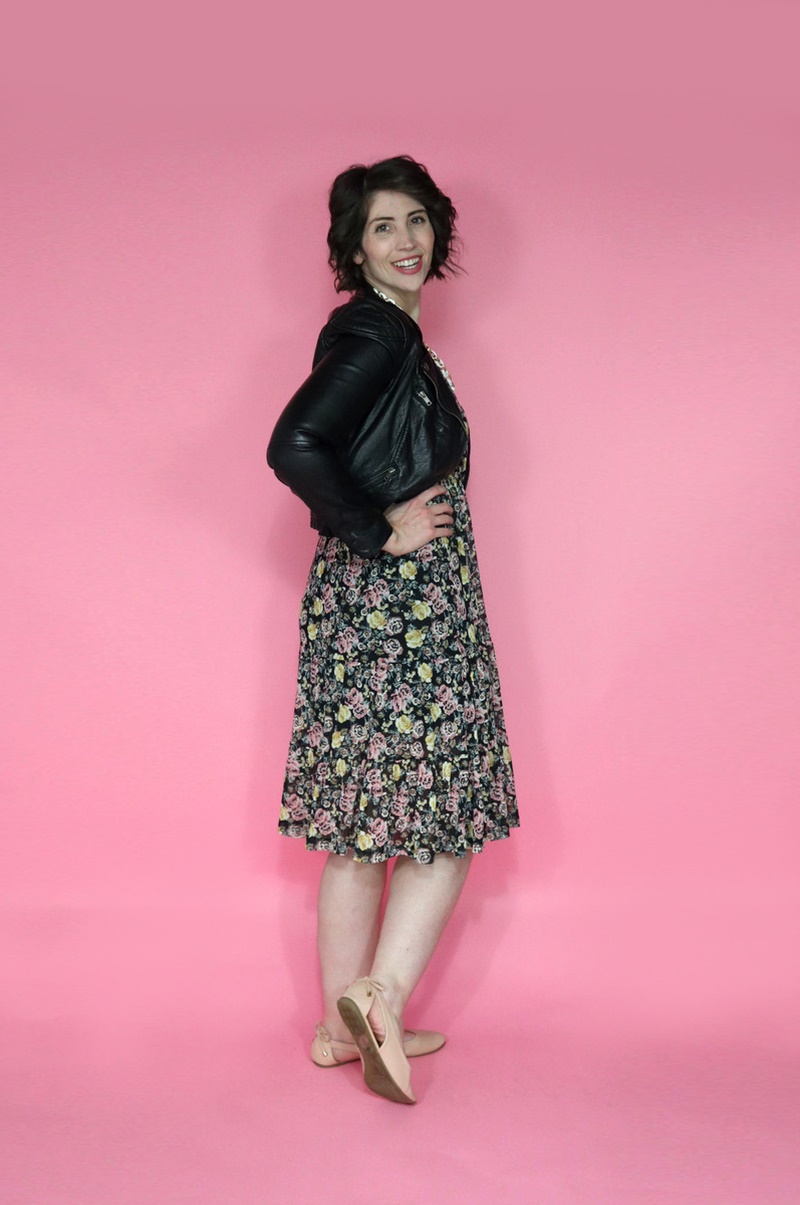 best thrifted clothes black floral dress moto jacket nude flats with bows