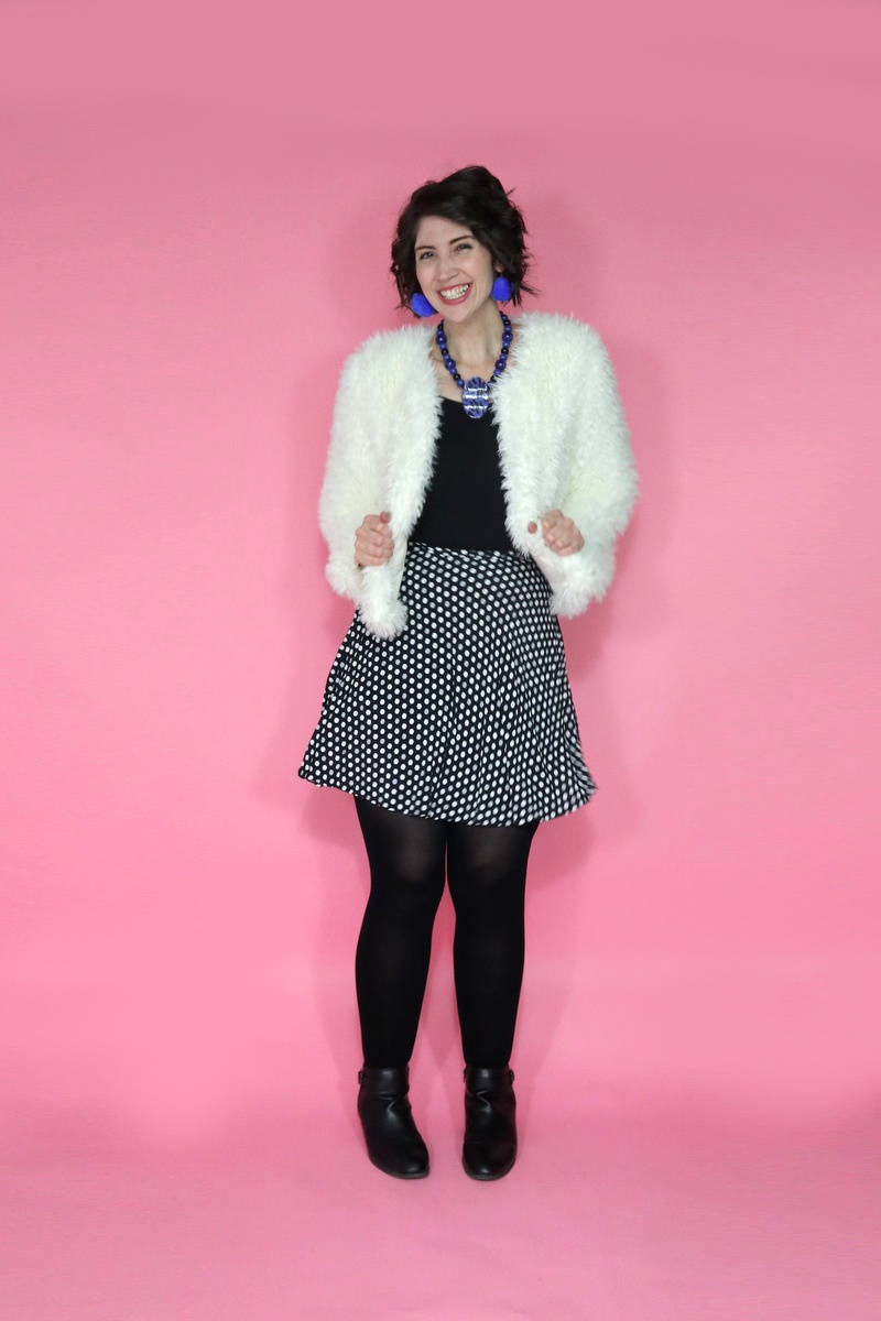 best thrifted clothes black and white fluffy coat for winter outfit