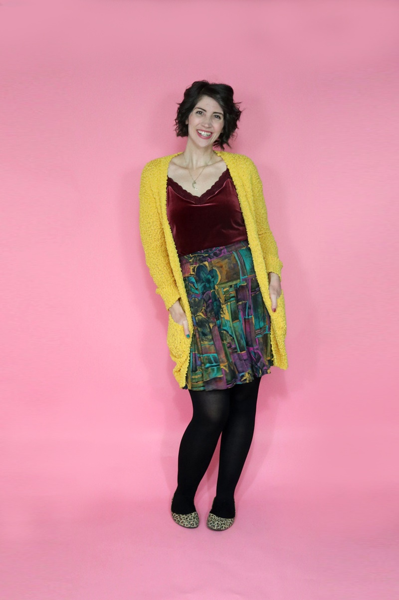 best thrifted clothes bright yellow cardigan swap.com colorful skirt black tights outfit