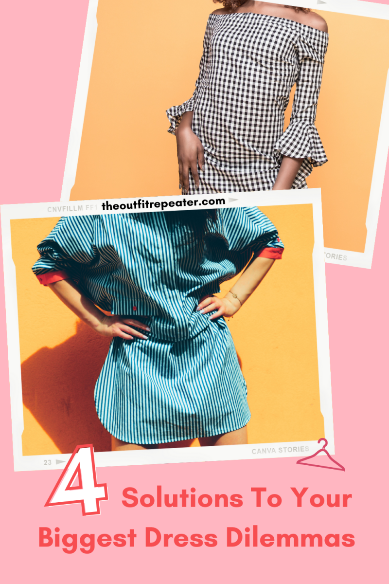 brightly colored graphic image with text 4 solutions to your biggest dress dilemmas