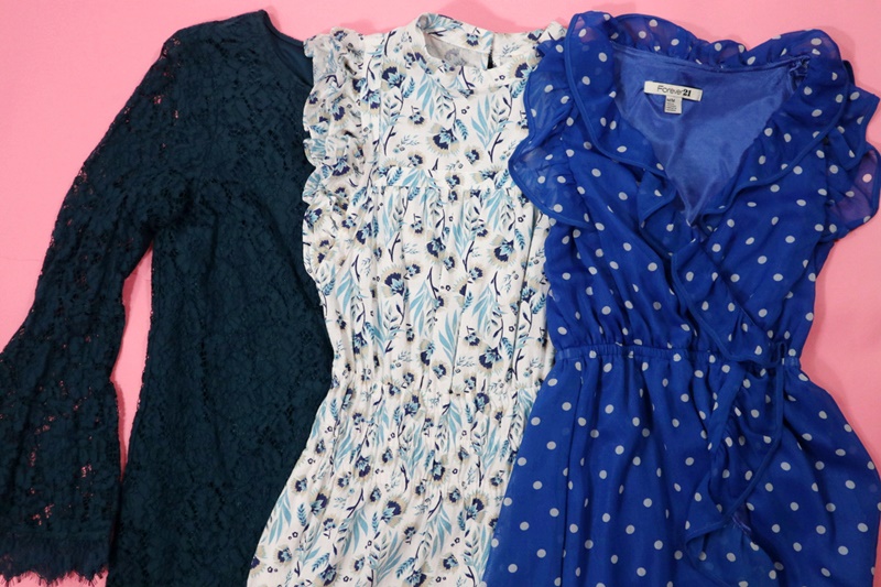 My Top 6 Style Goals of 2022 | www.theoutfitrepeater.com 3 blue special occasion dresses laying on a pink backdrop "hannah rupp" "the outfit repeater"