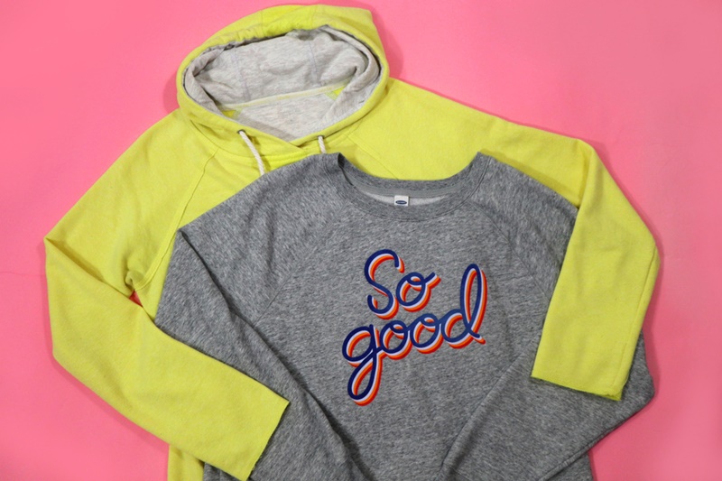 My Top 6 Style Goals of 2022 | www.theoutfitrepeater.com bright yellow hoodie and gray sweatshirt that says "so good" hannah rupp outfit repeater