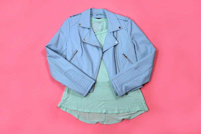 My Top 6 Style Goals of 2022 | www.theoutfitrepeater.com mint green tee and baby blue moto jacket on pink background hannah rupp the outfit repeater