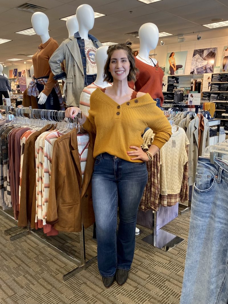 hannah is wearing new trendy maurices clothing for her job as a social media manager