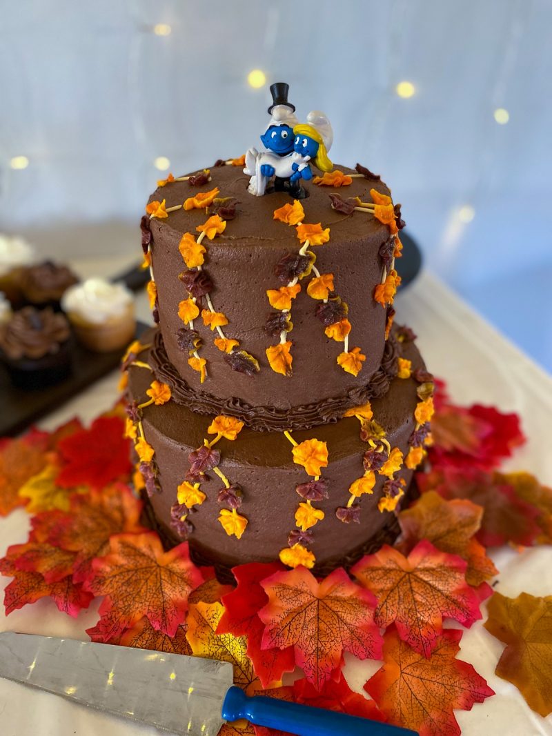 What I Wore as a BRIDESMAID! | www.theoutfitrepeater.com fall wedding cake, chocolate frosted, vintage smurf wedding cake topper