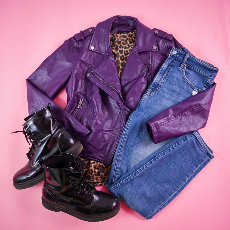 the outfit repeater style goals for new year, pink outfit flatlay, denim purple moto jacket and boots