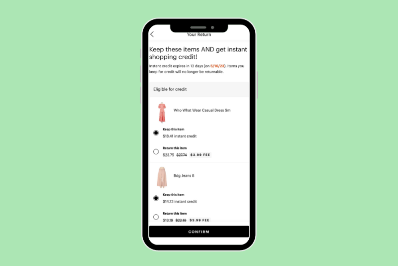 screenshot of thredup app and new return policy that lets you keep your reutrn in exchange for store credit