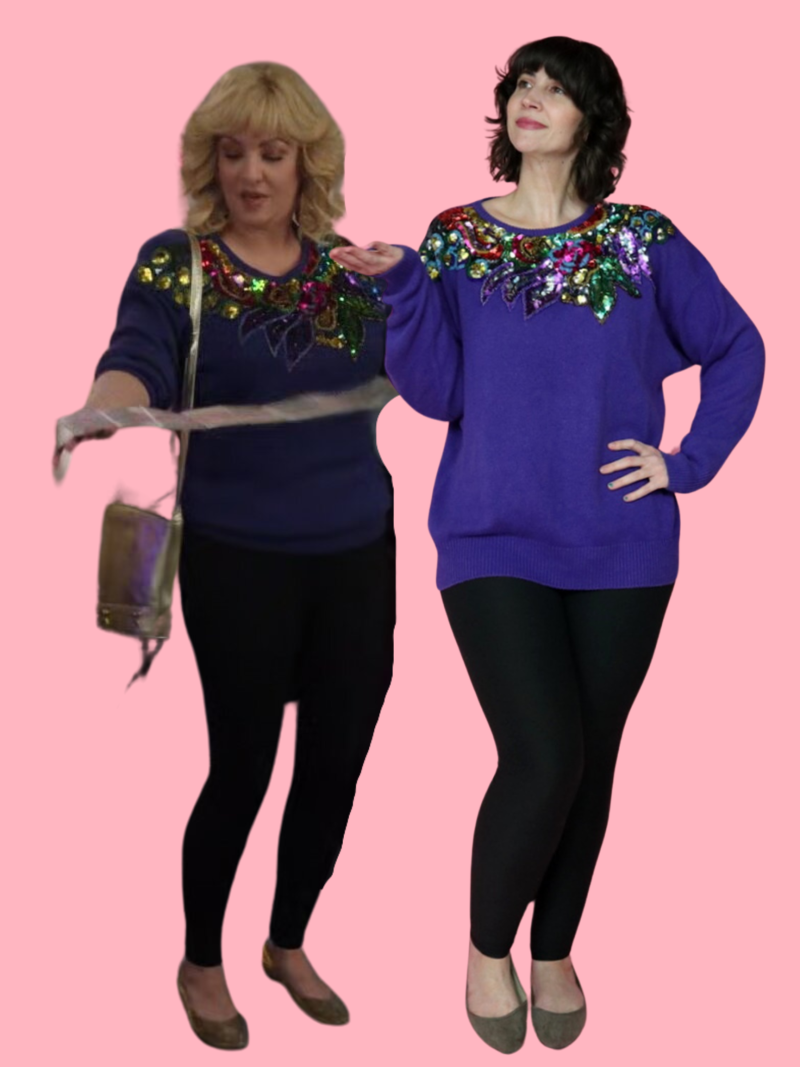 beverly goldberg and hannah rupp in vintage 1980s purple sequin sweater. 