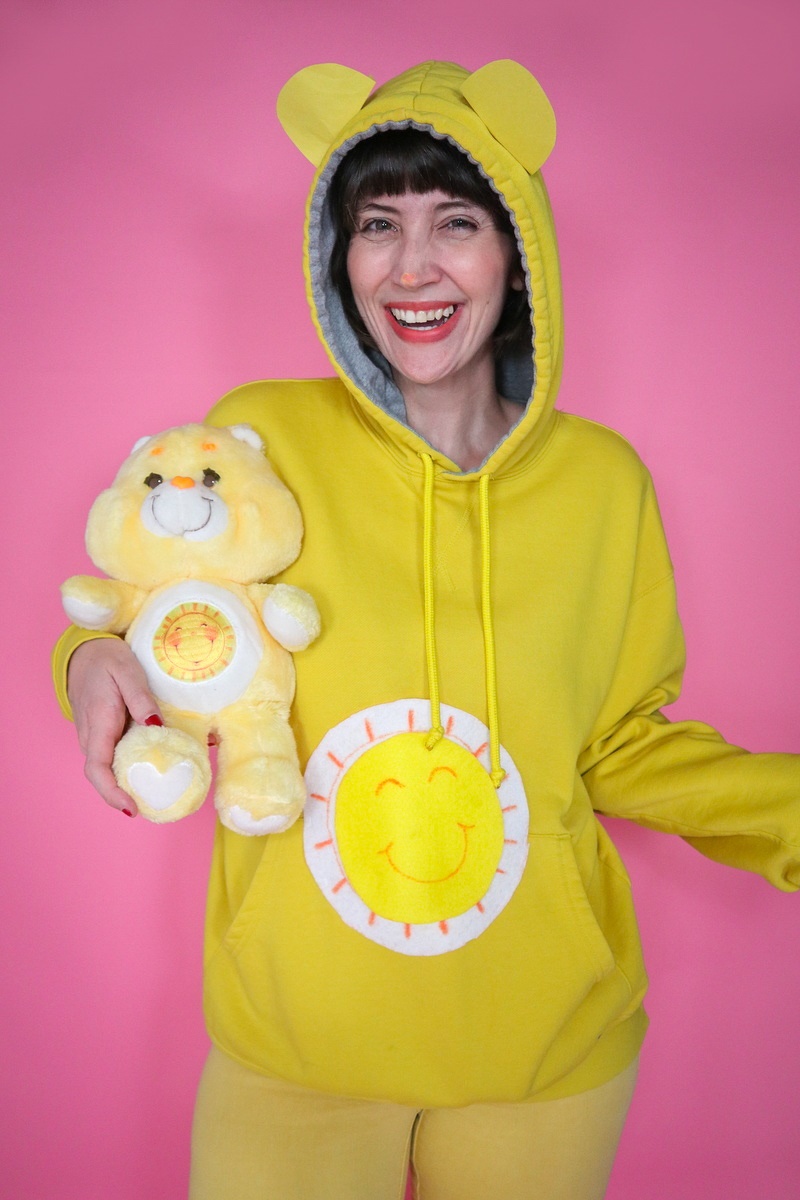 A Last-Minute Care Bear Halloween Costume | www.theoutfitrepeater.com diy yellow funshine care bear halloween costume and vintage stuffed animal