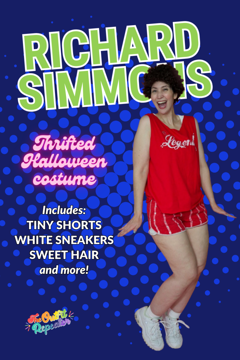 An Iconic Richard Simmons Halloween Costume | www.theoutfitrepeater.com thrifted richard simmons halloween costume red tank top, tiny striped dolphin shorts, curly hair, and white sneakers